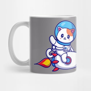 Cute Cat Astronaut Riding Rocket And Waving Hand Cartoon Mug